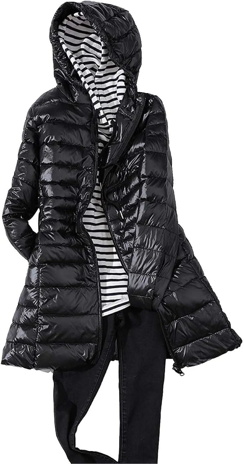 Women's Lightweight Down Jackets Hooded Drawstring Packable Puffer Jacket Windproof Warm Long Puffer 2024 Winter Coat