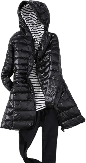 Women's Lightweight Down Jackets Hooded Drawstring Packable Puffer Jacket Windproof Warm Long Puffer 2024 Winter Coat