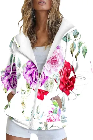 Women's Oversized Hoodies Sweatshirts Casual Full Zip Up Long Sleeve Floral Hooded Jackets 2024 Fall Fashion Outfits