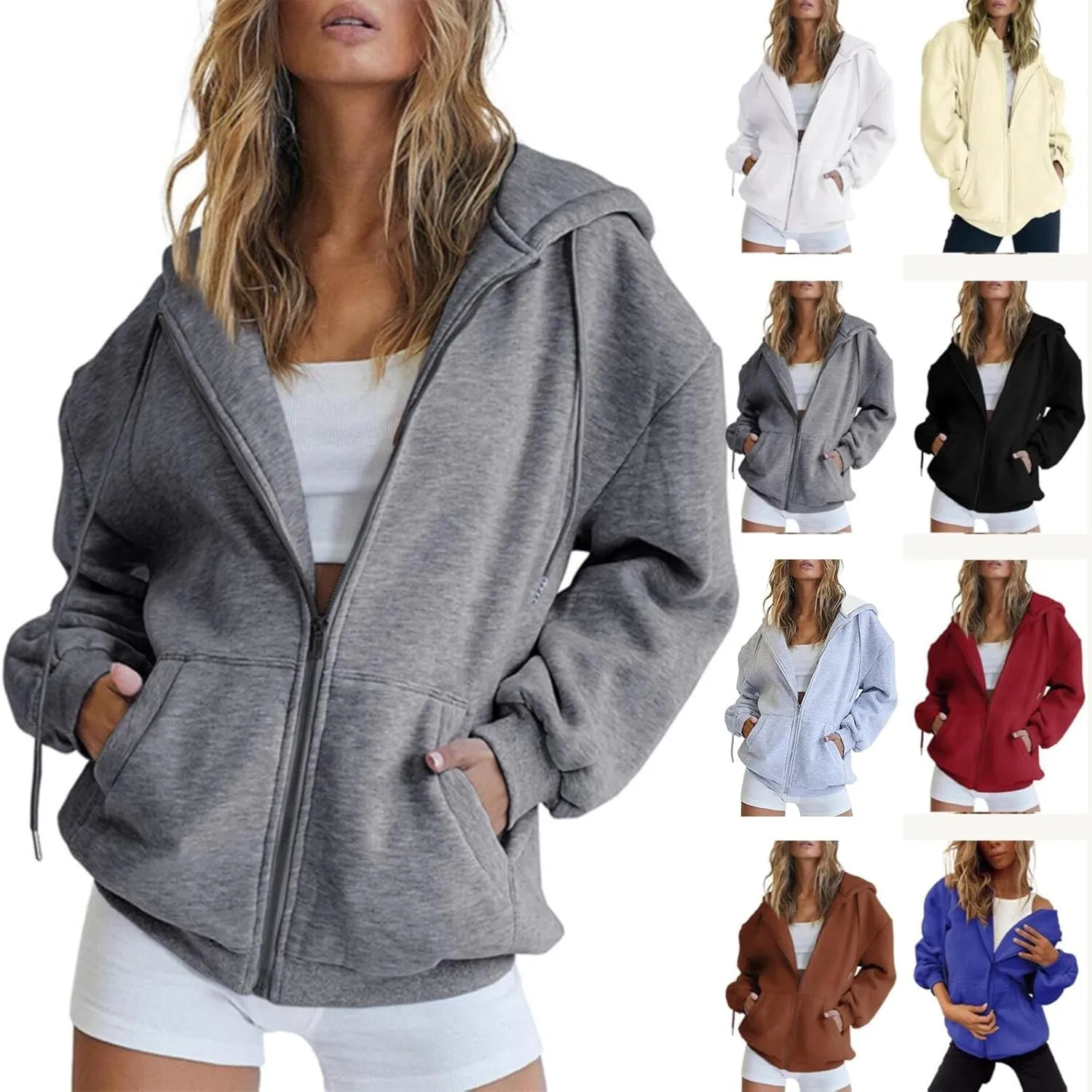 Women's Oversized Sweatshirts Casual Y2K Full Zip Hoodies Long Sleeve 2024 Fall Loose Fit Hooded Jackets with Pockets
