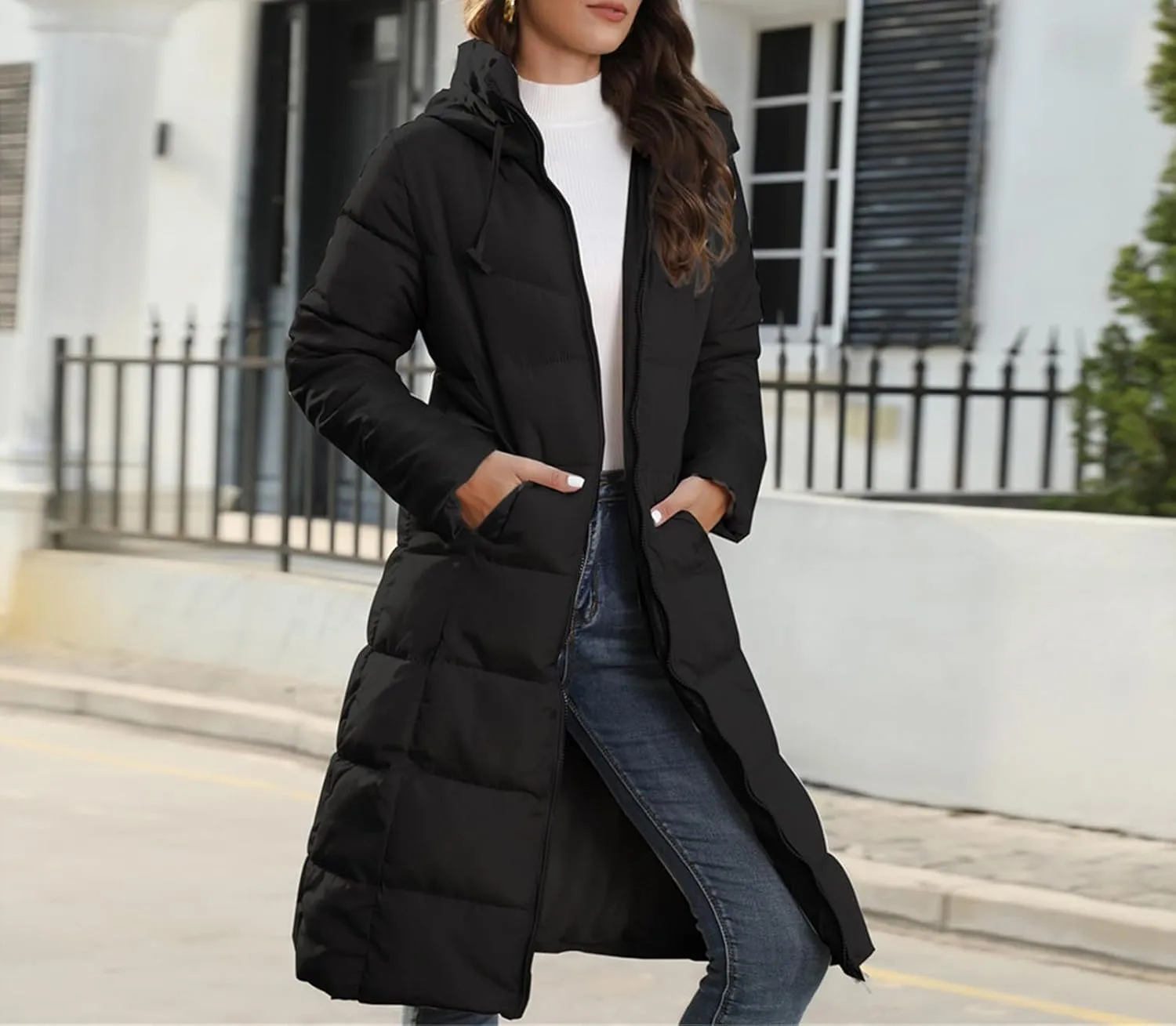 Womens Packable Down Jacket Lightweight Water-Resistant Puffer Coat Long Hooded Quilted Coats