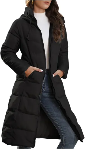 Womens Packable Down Jacket Lightweight Water-Resistant Puffer Coat Long Hooded Quilted Coats