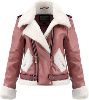 Women's Pink Sheepskin Sherpa Lined Leather Aviator Jacket, Warm Faux Fur Winter Flight Jacket, Soft & Cozy Fit