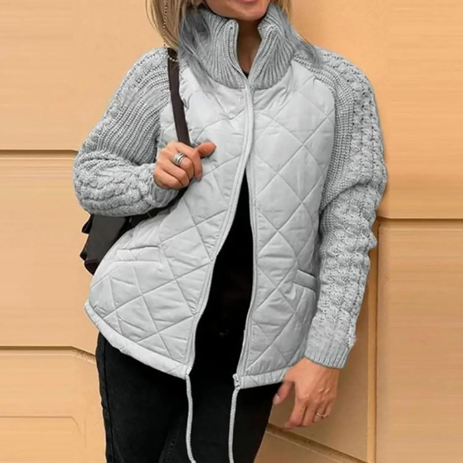 Womens Puffer Jacket Lightweight Knit Patchwork Zip Up Long Sleeve Quilted Jackets Warm Winter Outerwear 2024