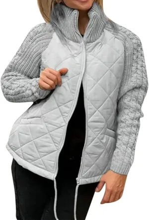 Womens Puffer Jacket Lightweight Knit Patchwork Zip Up Long Sleeve Quilted Jackets Warm Winter Outerwear 2024
