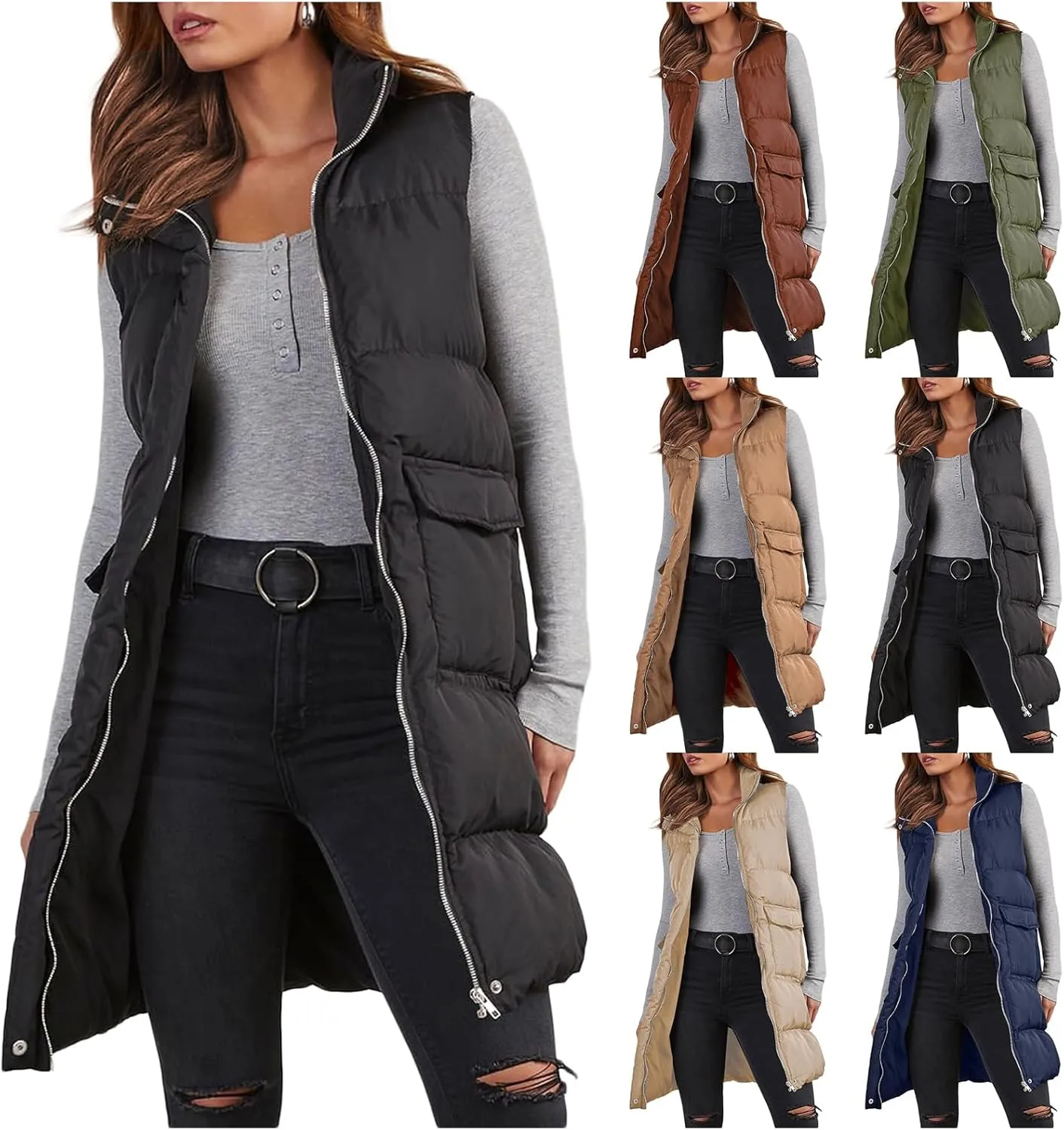 Womens Puffer Vest Casual Hooded Sleeveless Zip Up Long Jacket Lightweight Quilted Jackets Down Coat Winter Clothes