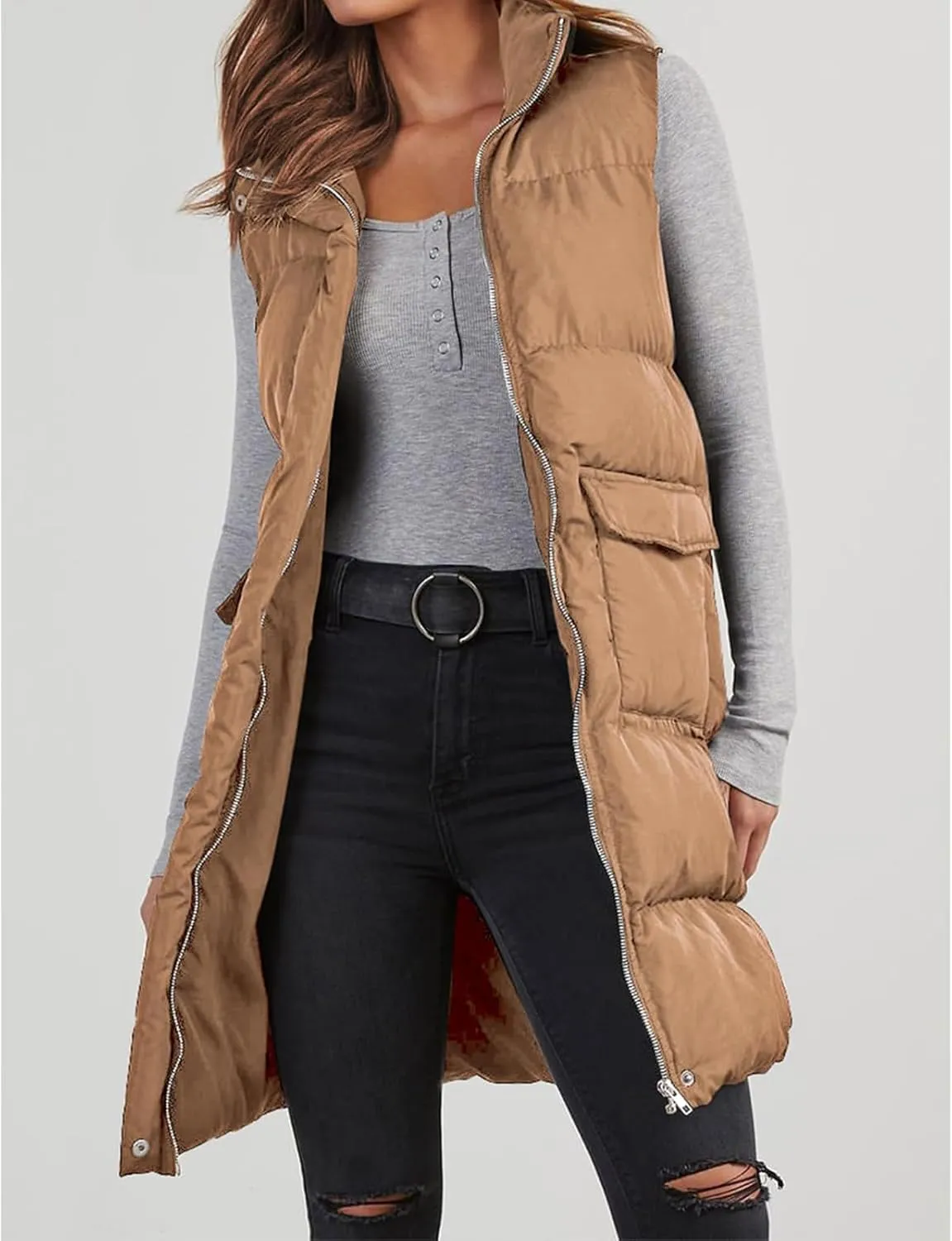 Womens Puffer Vest Casual Hooded Sleeveless Zip Up Long Jacket Lightweight Quilted Jackets Down Coat Winter Clothes