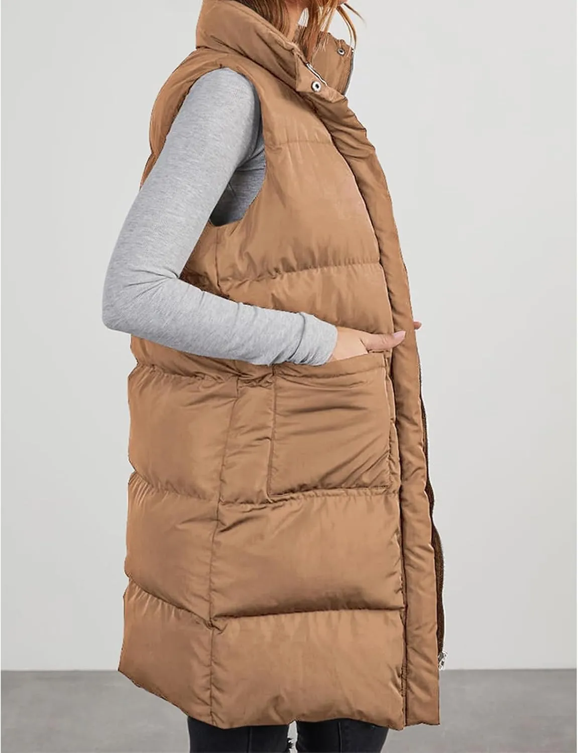 Womens Puffer Vest Casual Hooded Sleeveless Zip Up Long Jacket Lightweight Quilted Jackets Down Coat Winter Clothes