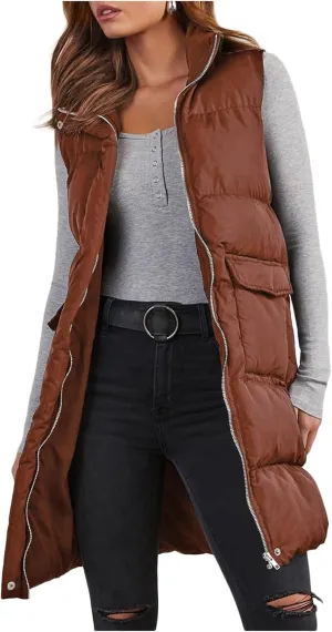 Womens Puffer Vest Casual Hooded Sleeveless Zip Up Long Jacket Lightweight Quilted Jackets Down Coat Winter Clothes