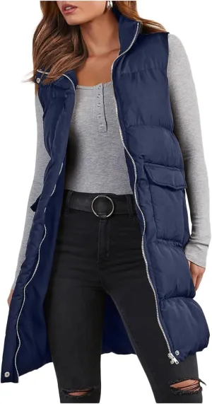 Womens Puffer Vest Casual Hooded Sleeveless Zip Up Long Jacket Lightweight Quilted Jackets Down Coat Winter Clothes