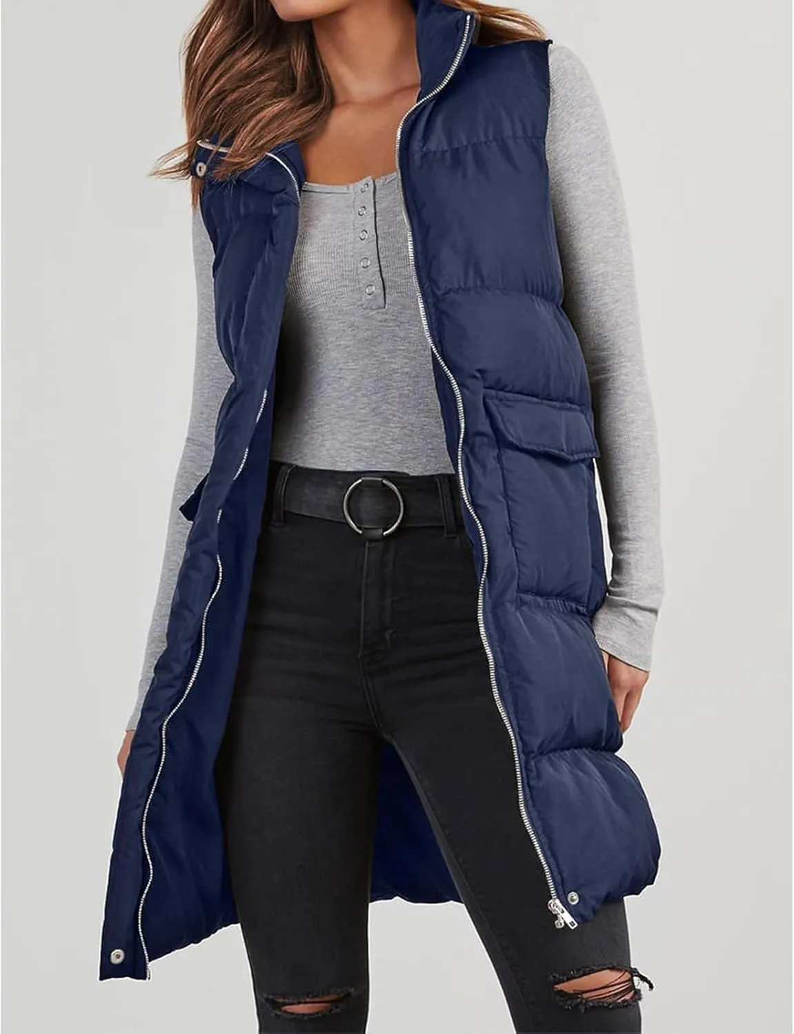 Womens Puffer Vest Casual Hooded Sleeveless Zip Up Long Jacket Lightweight Quilted Jackets Down Coat Winter Clothes