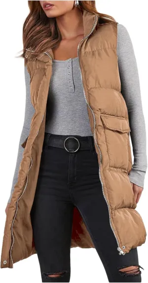 Womens Puffer Vest Casual Hooded Sleeveless Zip Up Long Jacket Lightweight Quilted Jackets Down Coat Winter Clothes