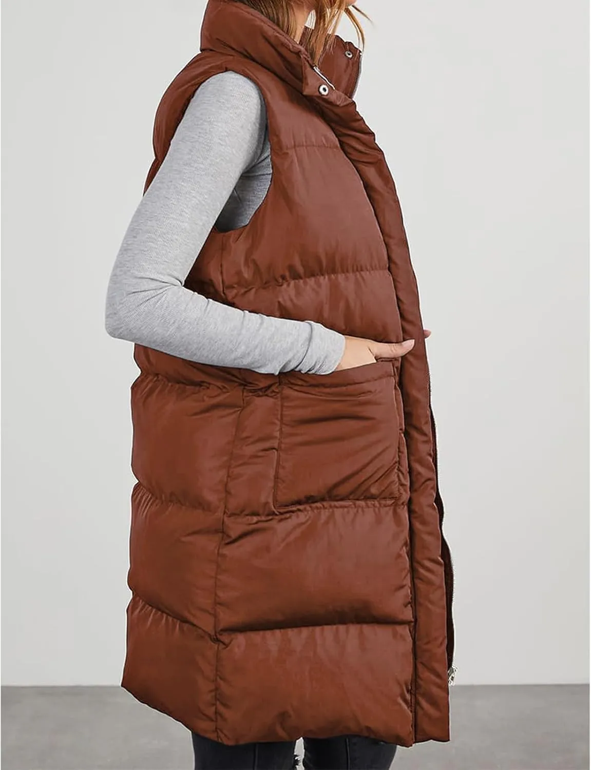 Womens Puffer Vest Casual Hooded Sleeveless Zip Up Long Jacket Lightweight Quilted Jackets Down Coat Winter Clothes