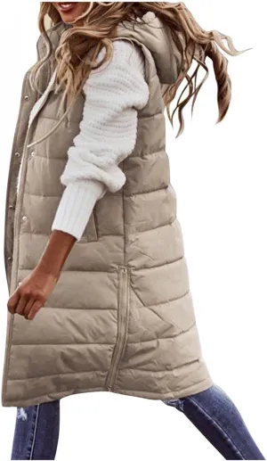 Womens Puffer Vest Long Down Sleeveless Hooded Jacket Oversized Quilted Side Zip up Warm Winter Coats with Pockets
