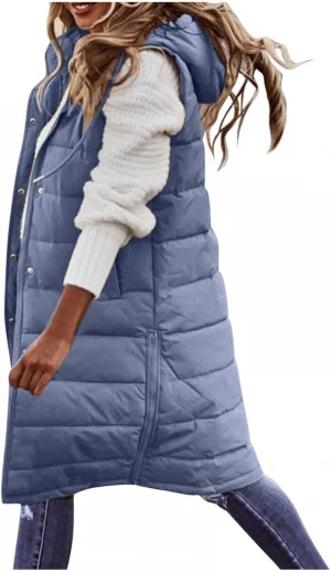 Womens Puffer Vest Long Down Sleeveless Hooded Jacket Oversized Quilted Side Zip up Warm Winter Coats with Pockets