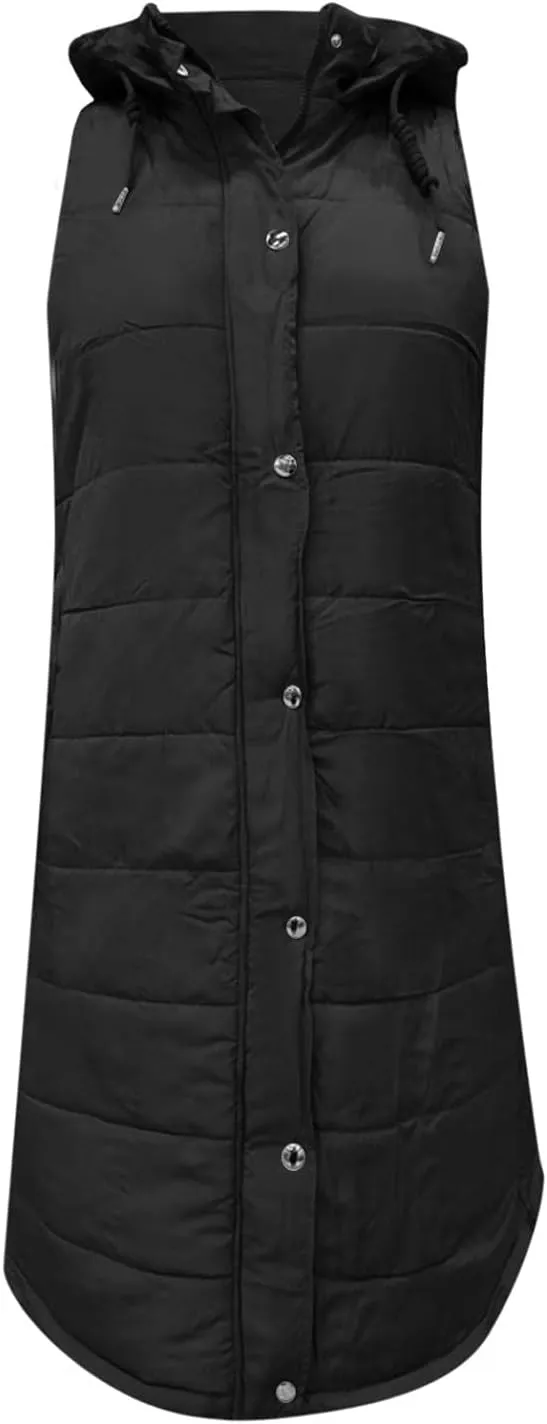 Womens Puffer Vest Long Down Sleeveless Hooded Jacket Oversized Quilted Side Zip up Warm Winter Coats with Pockets