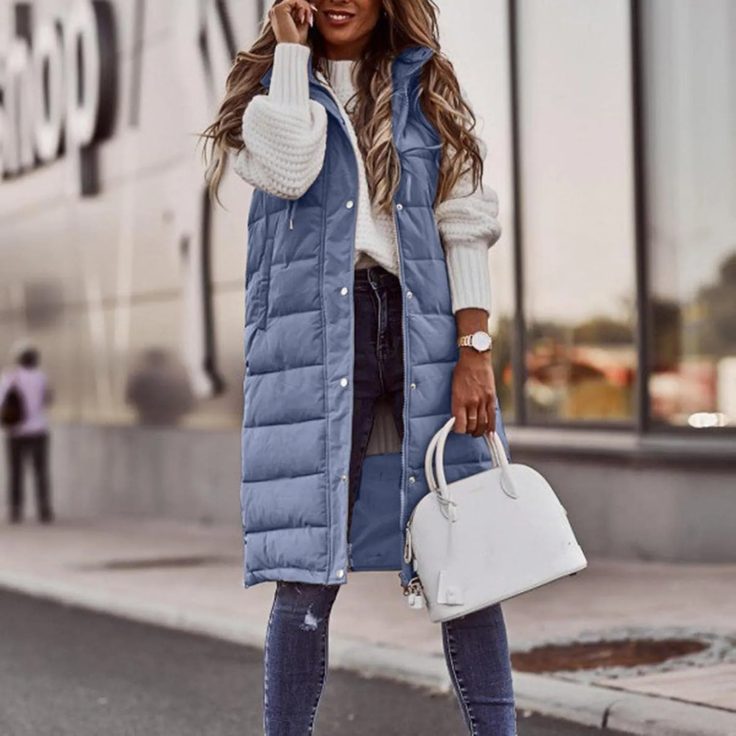 Womens Puffer Vest Long Down Sleeveless Hooded Jacket Oversized Quilted Side Zip up Warm Winter Coats with Pockets