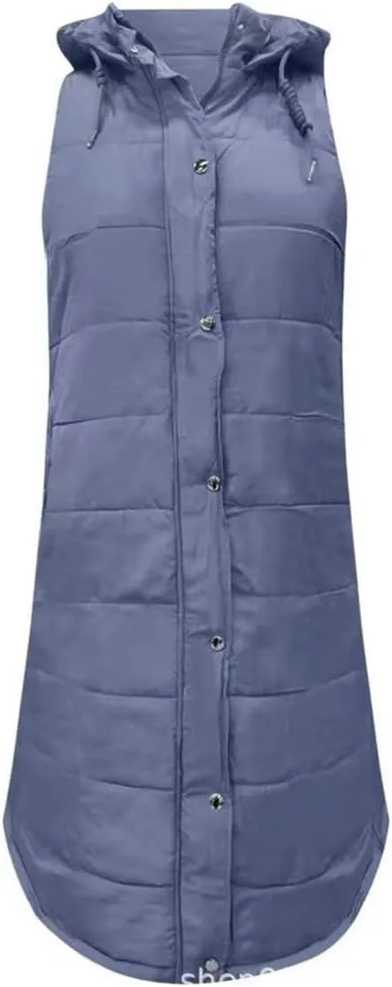 Womens Puffer Vest Long Down Sleeveless Hooded Jacket Oversized Quilted Side Zip up Warm Winter Coats with Pockets