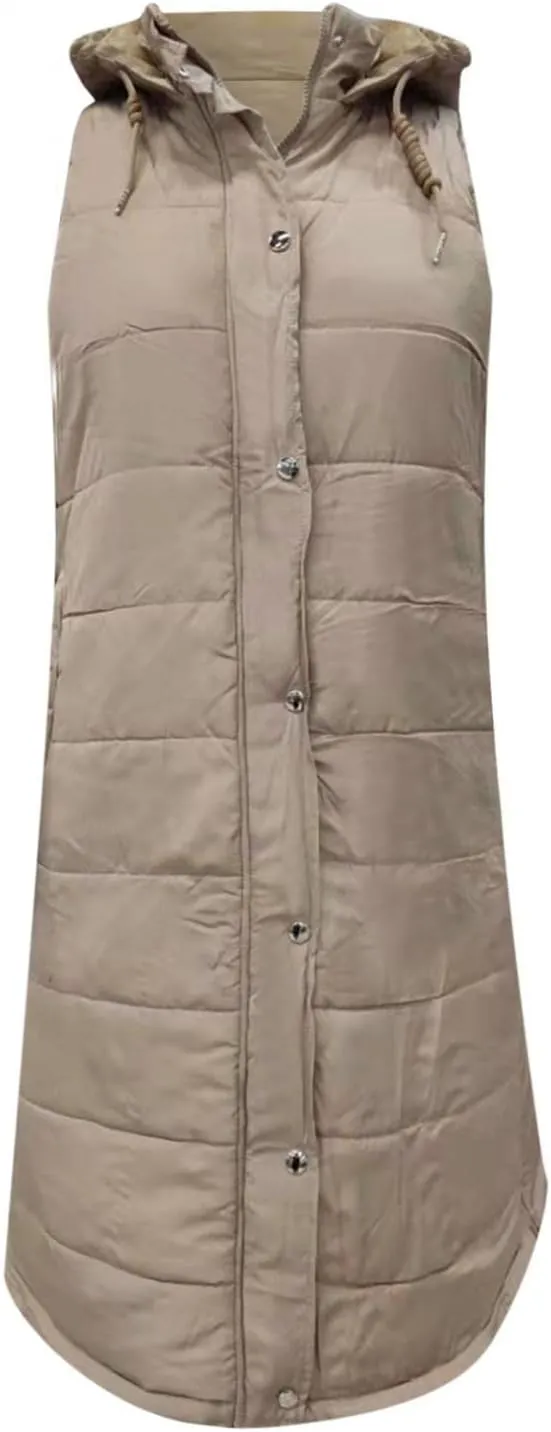 Womens Puffer Vest Long Down Sleeveless Hooded Jacket Oversized Quilted Side Zip up Warm Winter Coats with Pockets