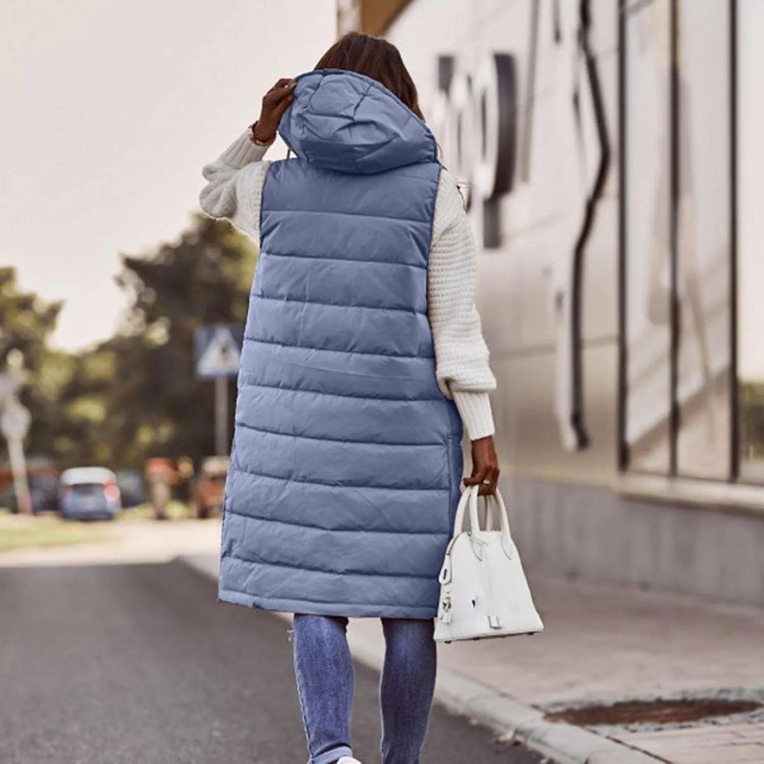 Womens Puffer Vest Long Down Sleeveless Hooded Jacket Oversized Quilted Side Zip up Warm Winter Coats with Pockets