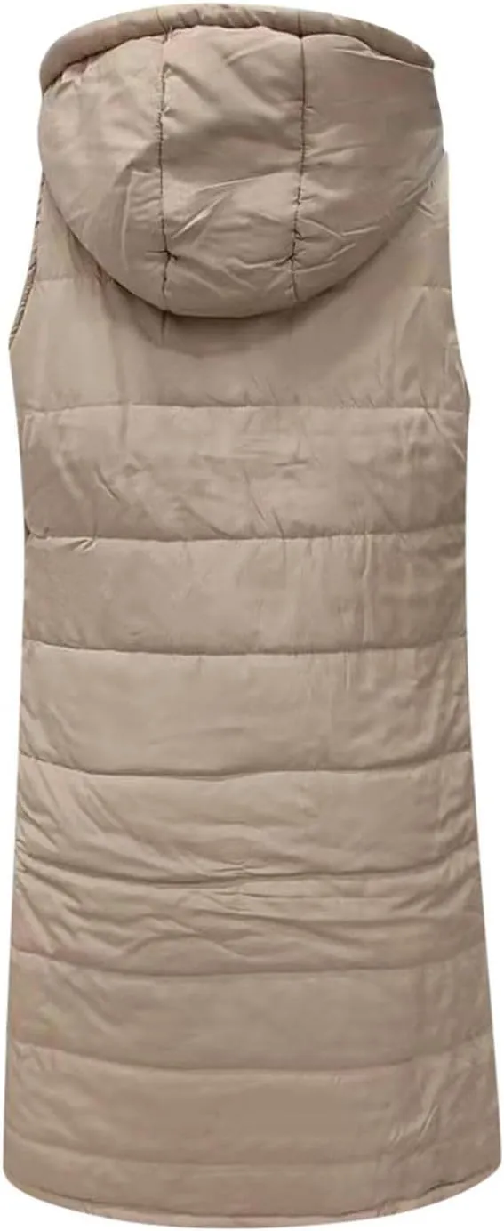 Womens Puffer Vest Long Down Sleeveless Hooded Jacket Oversized Quilted Side Zip up Warm Winter Coats with Pockets