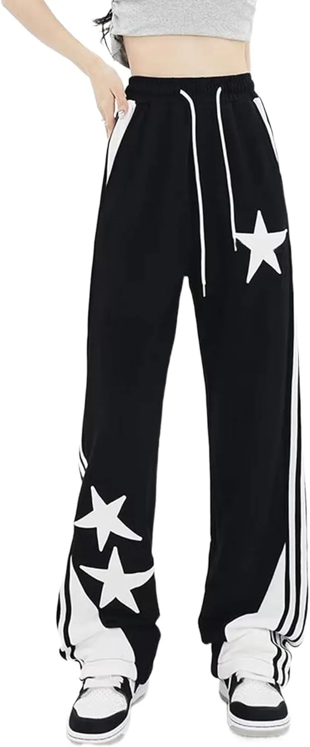 Womens Sporty Side Striped Joggers Drawstring Waist Y2K Star Baggy Sweatpants with Pockets