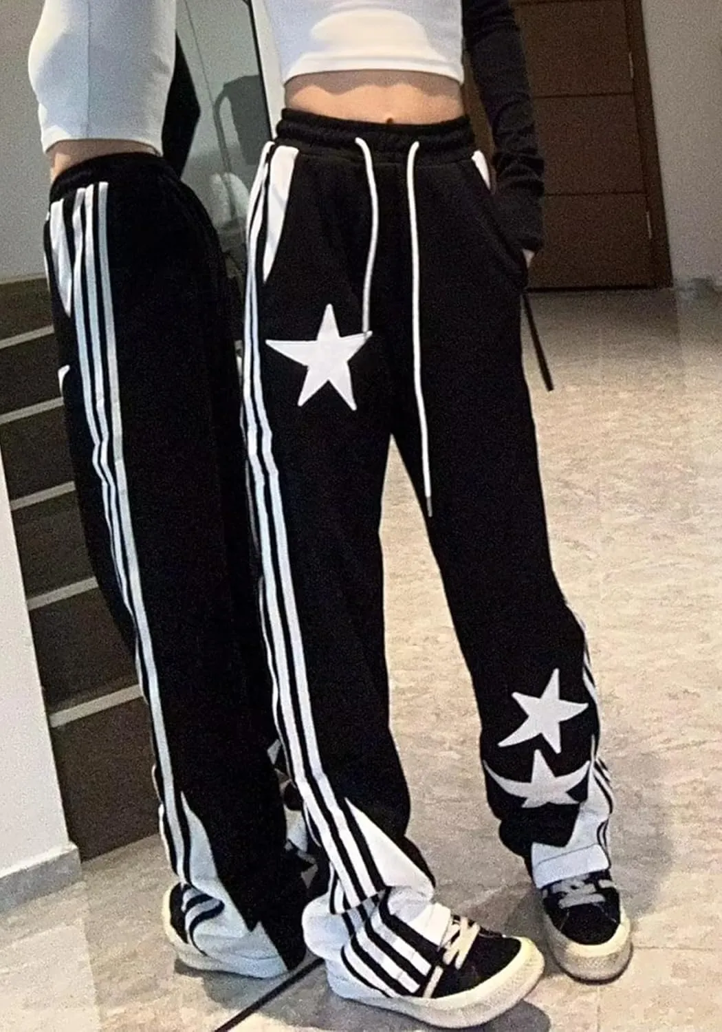 Womens Sporty Side Striped Joggers Drawstring Waist Y2K Star Baggy Sweatpants with Pockets