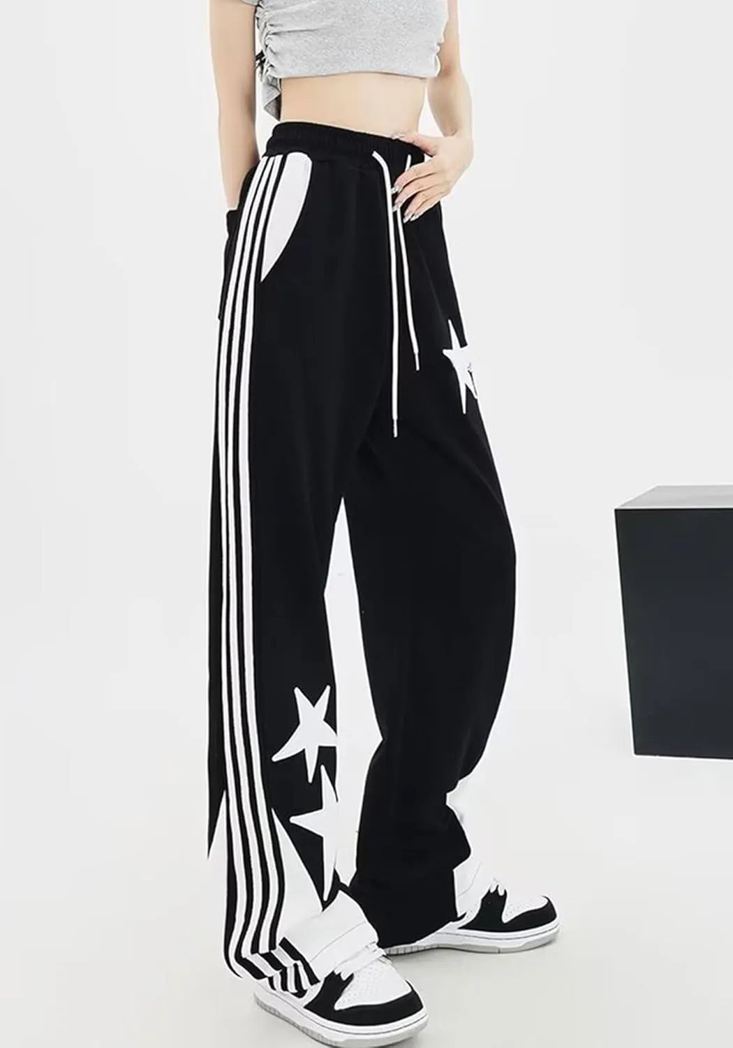 Womens Sporty Side Striped Joggers Drawstring Waist Y2K Star Baggy Sweatpants with Pockets