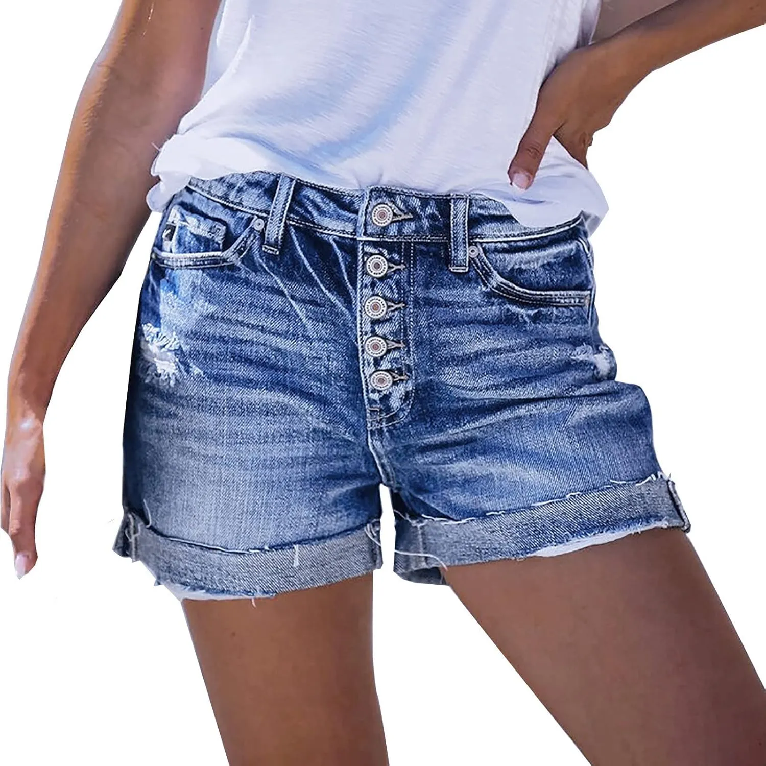 Womens Stretchy Denim Shorts High Waisted Frayed Hem Ripped Jeans Shorts Casual Zip Botton Short Jeans