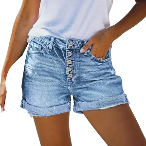 Womens Stretchy Denim Shorts High Waisted Frayed Hem Ripped Jeans Shorts Casual Zip Botton Short Jeans
