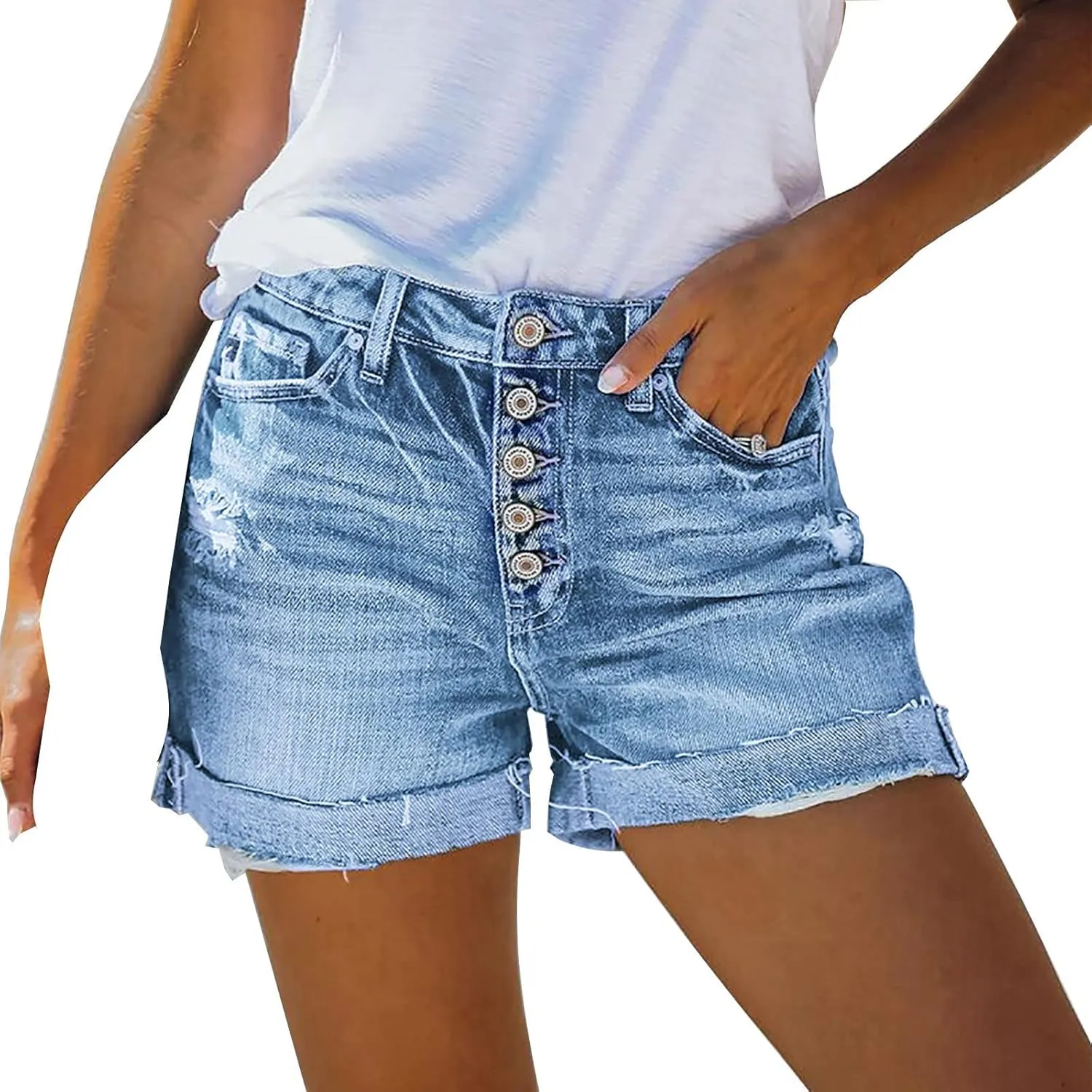 Womens Stretchy Denim Shorts High Waisted Frayed Hem Ripped Jeans Shorts Casual Zip Botton Short Jeans