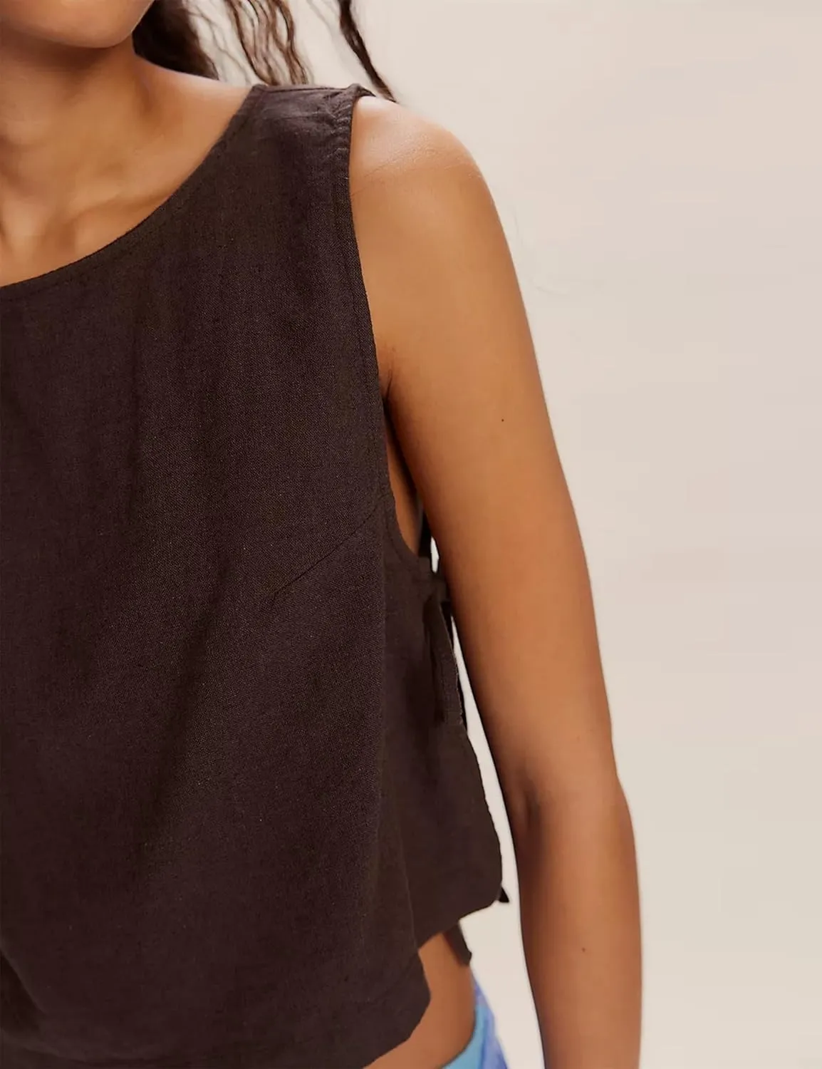 Womens Summer Cotton Linen Crop Tank Tops Sleeveless Vest Top Split Tie Side Loose Fit Boxy Shirt Y2k Cute Crop Tops