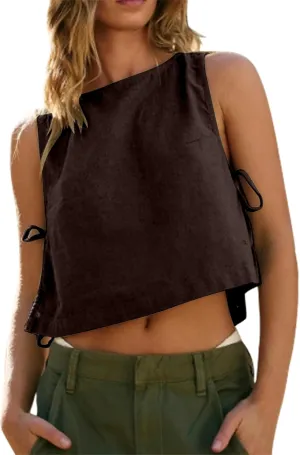 Womens Summer Cotton Linen Crop Tank Tops Sleeveless Vest Top Split Tie Side Loose Fit Boxy Shirt Y2k Cute Crop Tops