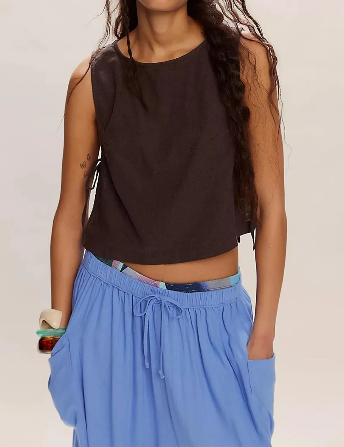 Womens Summer Cotton Linen Crop Tank Tops Sleeveless Vest Top Split Tie Side Loose Fit Boxy Shirt Y2k Cute Crop Tops