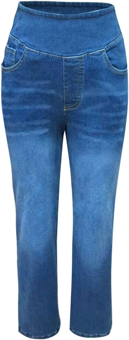 Women's Wide Leg Jeans Trendy Stretchy High Rise Elastic Waistband Pull On Jeans Baggy Loose Denim Pants with Pockets