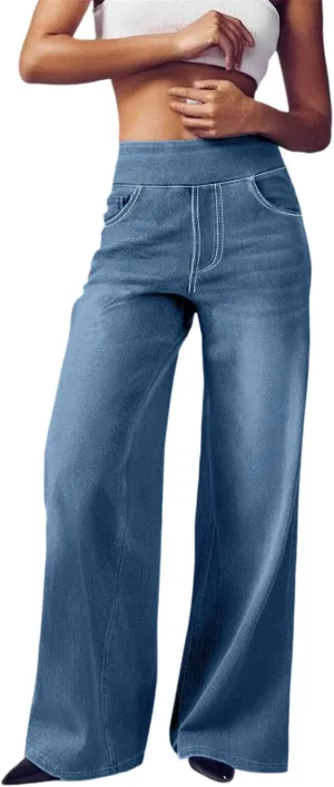Women's Wide Leg Jeans Trendy Stretchy High Rise Elastic Waistband Pull On Jeans Baggy Loose Denim Pants with Pockets