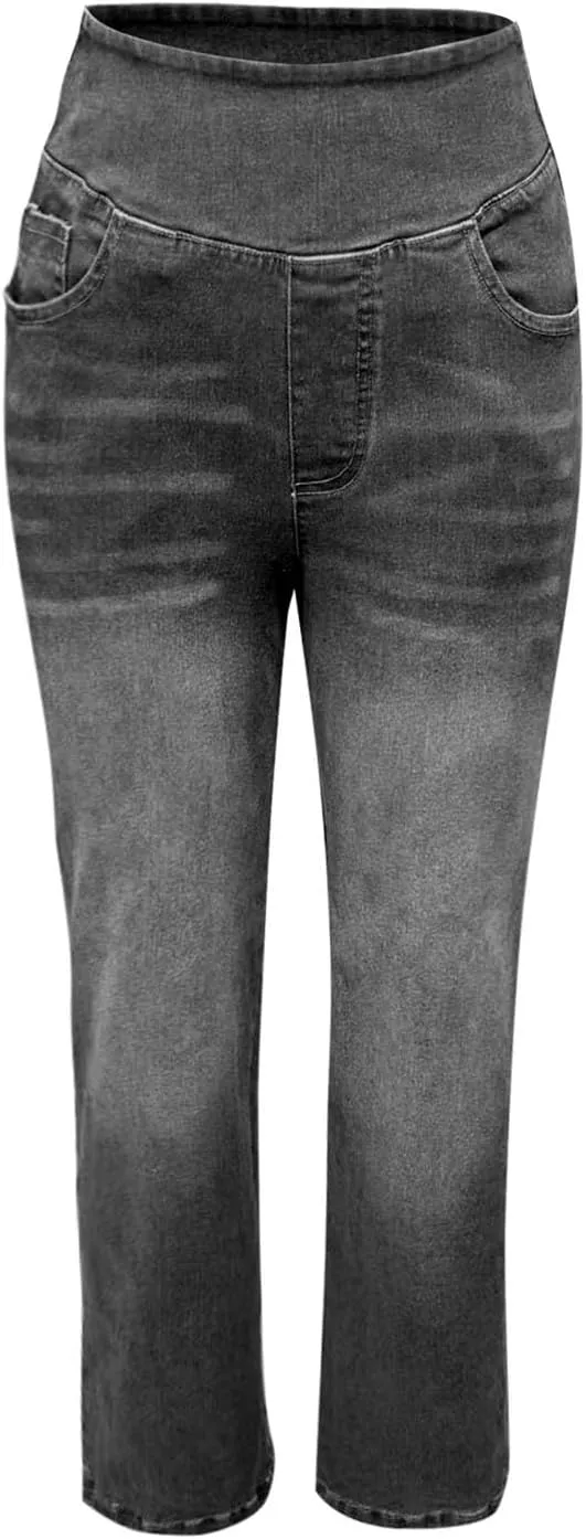 Women's Wide Leg Jeans Trendy Stretchy High Rise Elastic Waistband Pull On Jeans Baggy Loose Denim Pants with Pockets