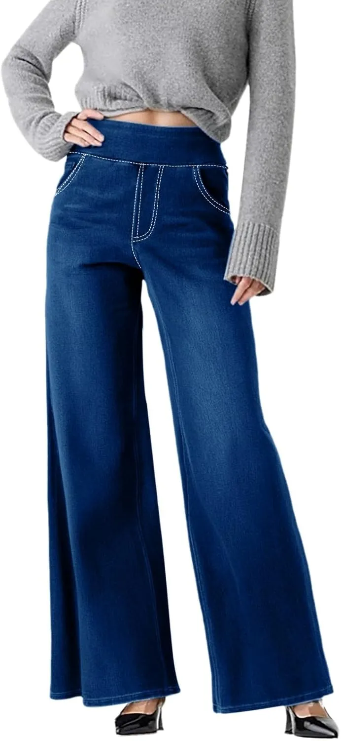 Women's Wide Leg Jeans Trendy Stretchy High Rise Elastic Waistband Pull On Jeans Baggy Loose Denim Pants with Pockets
