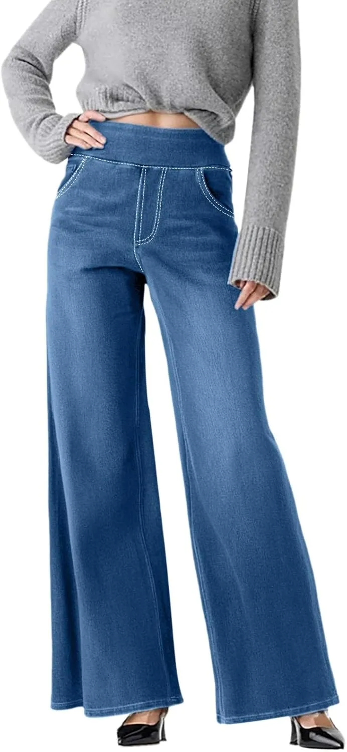 Women's Wide Leg Jeans Trendy Stretchy High Rise Elastic Waistband Pull On Jeans Baggy Loose Denim Pants with Pockets
