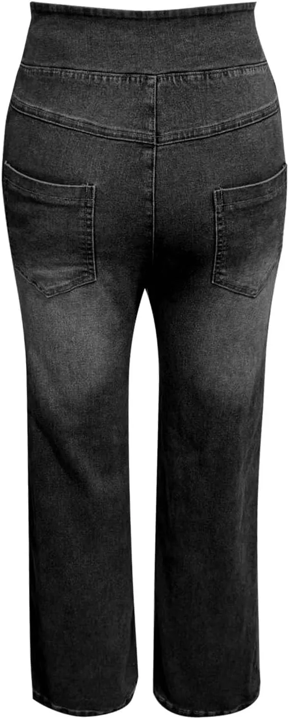 Women's Wide Leg Jeans Trendy Stretchy High Rise Elastic Waistband Pull On Jeans Baggy Loose Denim Pants with Pockets