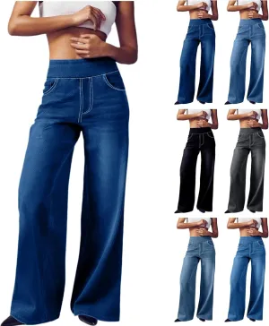 Women's Wide Leg Jeans Trendy Stretchy High Rise Elastic Waistband Pull On Jeans Baggy Loose Denim Pants with Pockets