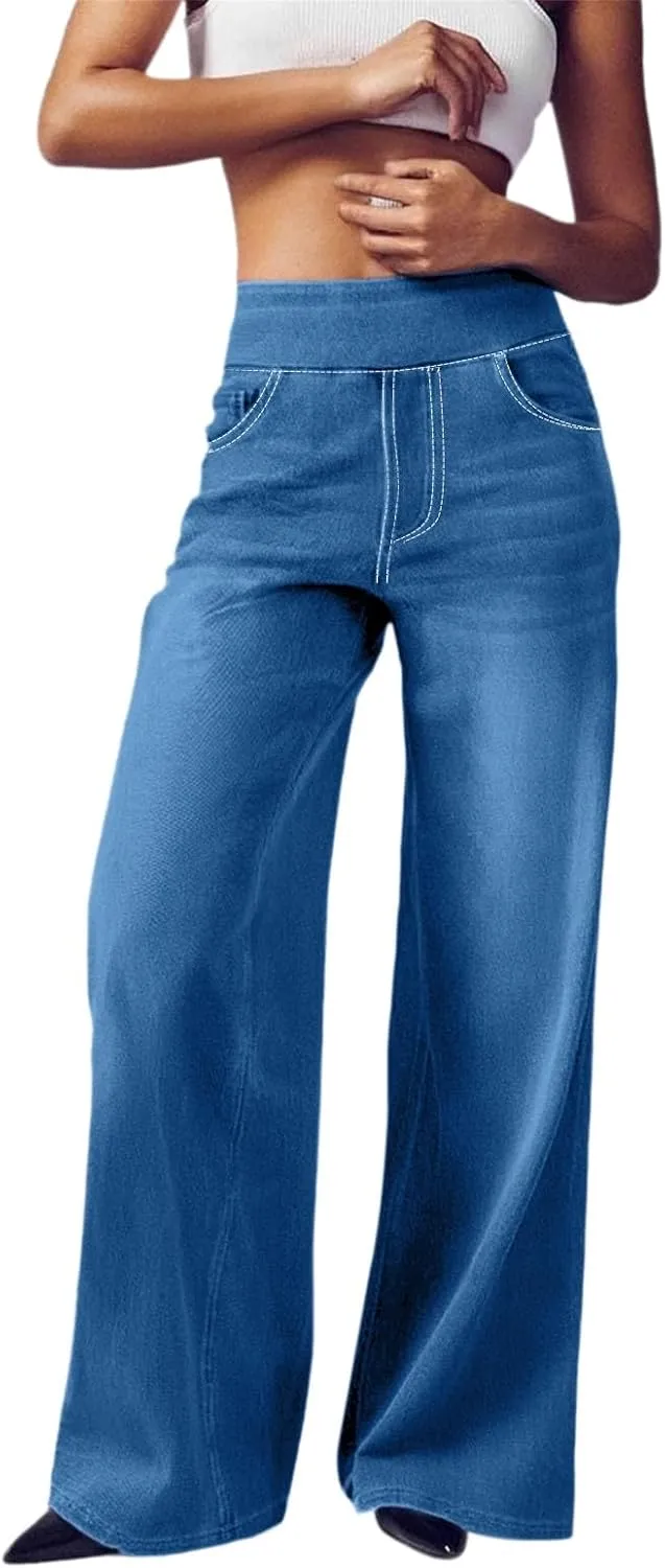 Women's Wide Leg Jeans Trendy Stretchy High Rise Elastic Waistband Pull On Jeans Baggy Loose Denim Pants with Pockets