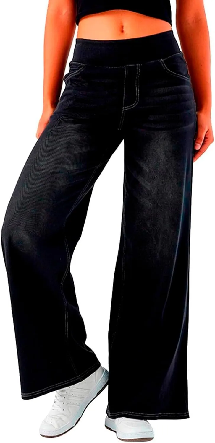 Women's Wide Leg Jeans Trendy Stretchy High Rise Elastic Waistband Pull On Jeans Baggy Loose Denim Pants with Pockets
