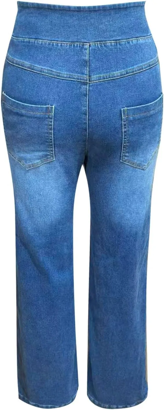 Women's Wide Leg Jeans Trendy Stretchy High Rise Elastic Waistband Pull On Jeans Baggy Loose Denim Pants with Pockets