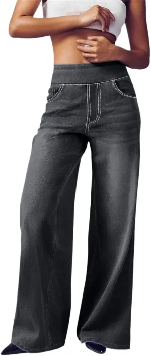 Women's Wide Leg Jeans Trendy Stretchy High Rise Elastic Waistband Pull On Jeans Baggy Loose Denim Pants with Pockets