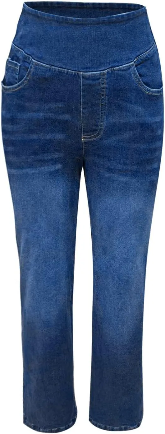 Women's Wide Leg Jeans Trendy Stretchy High Rise Elastic Waistband Pull On Jeans Baggy Loose Denim Pants with Pockets