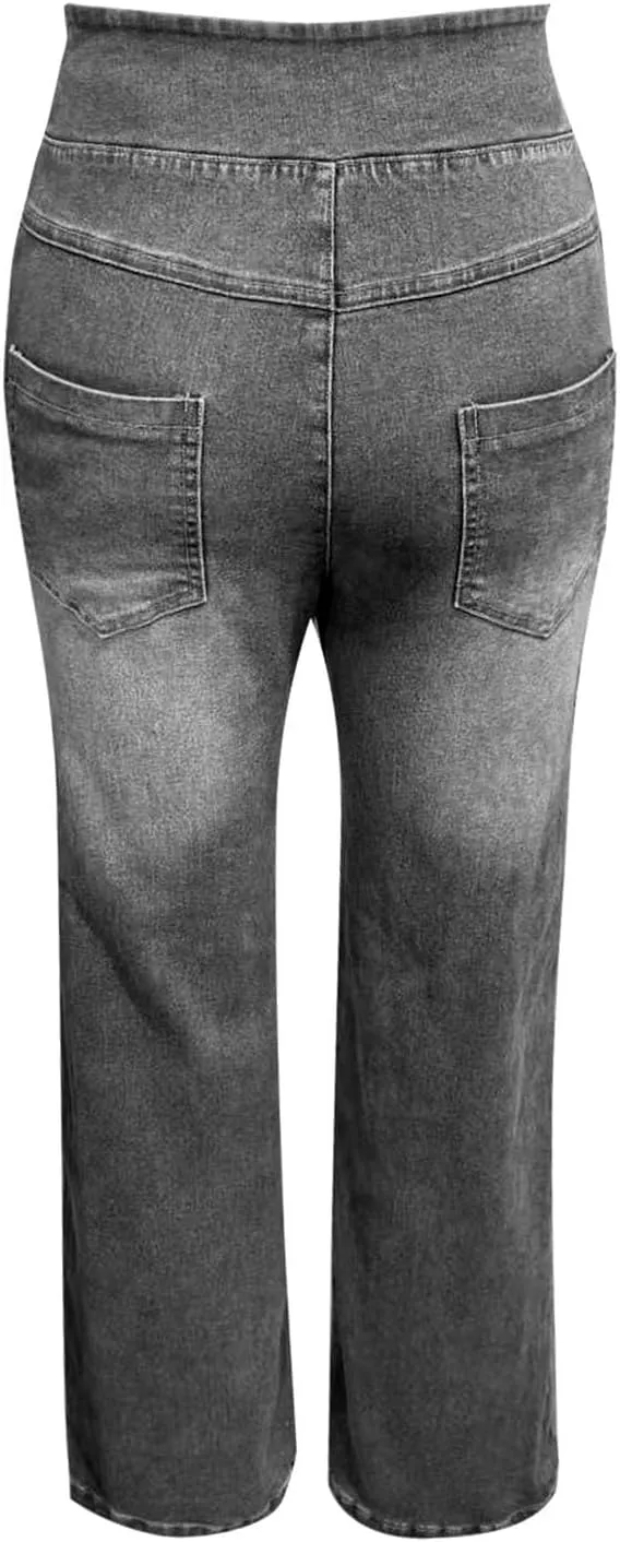 Women's Wide Leg Jeans Trendy Stretchy High Rise Elastic Waistband Pull On Jeans Baggy Loose Denim Pants with Pockets