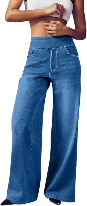 Women's Wide Leg Jeans Trendy Stretchy High Rise Elastic Waistband Pull On Jeans Baggy Loose Denim Pants with Pockets