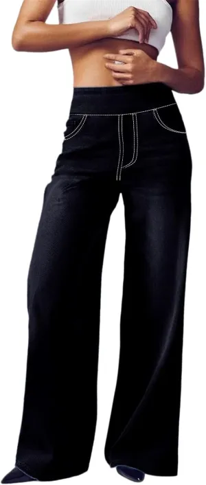 Women's Wide Leg Jeans Trendy Stretchy High Rise Elastic Waistband Pull On Jeans Baggy Loose Denim Pants with Pockets