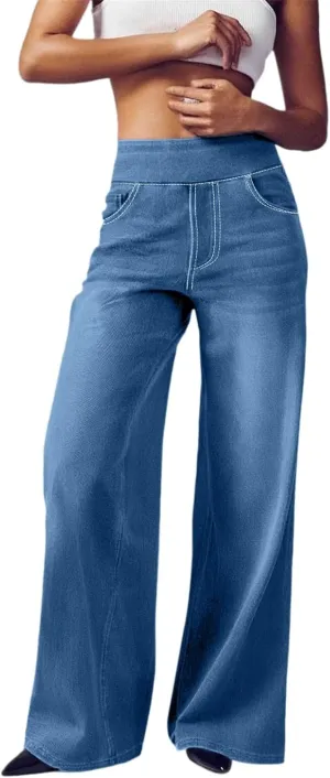 Women's Wide Leg Jeans Trendy Stretchy High Rise Elastic Waistband Pull On Jeans Baggy Loose Denim Pants with Pockets